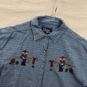 Quizz Again Button Up Shirt Womens Large Blue Plaid Embroidered Cowboy‎ Bears